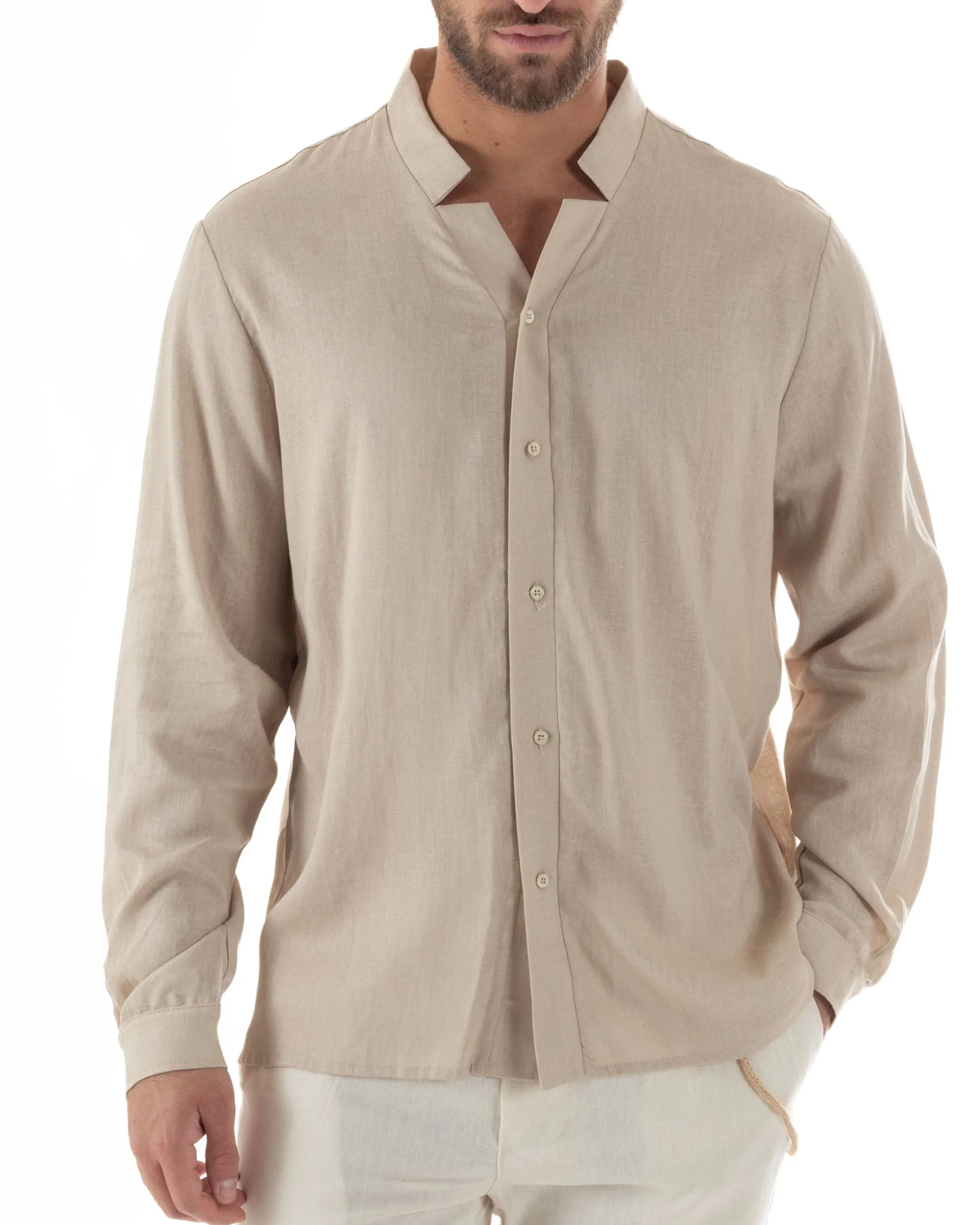 Camicia Uomo In Lino Collo Coreano Scollo V Morbida Leggera Basic Beige GIOSAL-C2953A