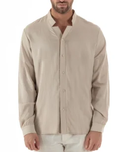 Camicia Uomo In Lino Collo Coreano Scollo V Morbida Leggera Basic Beige GIOSAL-C2953A