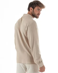 Camicia Uomo In Lino Collo Coreano Scollo V Morbida Leggera Basic Beige GIOSAL-C2953A