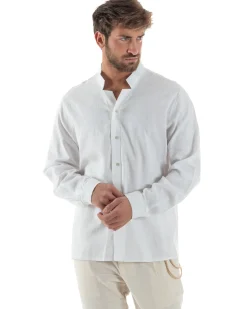 Camicia Uomo In Lino Collo Coreano Scollo V Morbida Leggera Basic Bianco GIOSAL-C2954A