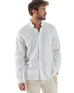Camicia Uomo In Lino Collo Coreano Scollo V Morbida Leggera Basic Bianco GIOSAL-C2954A