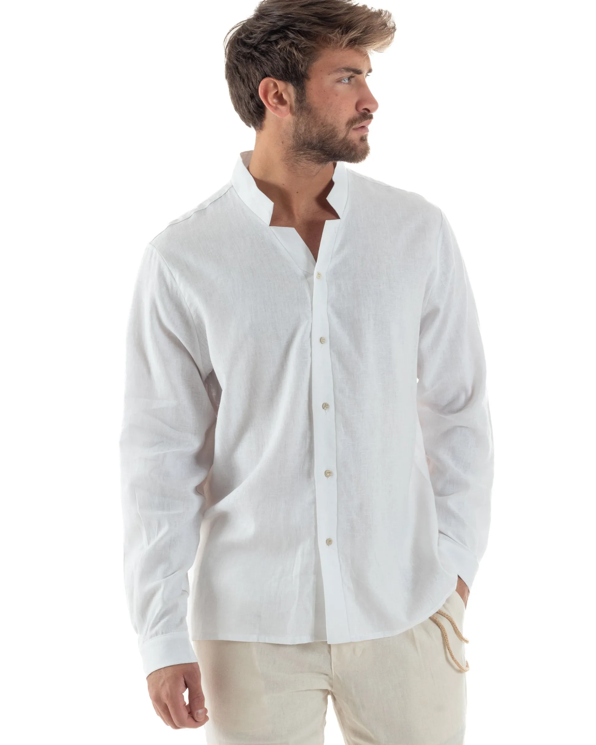 Camicia Uomo In Lino Collo Coreano Scollo V Morbida Leggera Basic Bianco GIOSAL-C2954A