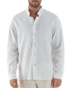 Camicia Uomo In Lino Collo Coreano Scollo V Morbida Leggera Basic Bianco GIOSAL-C2954A