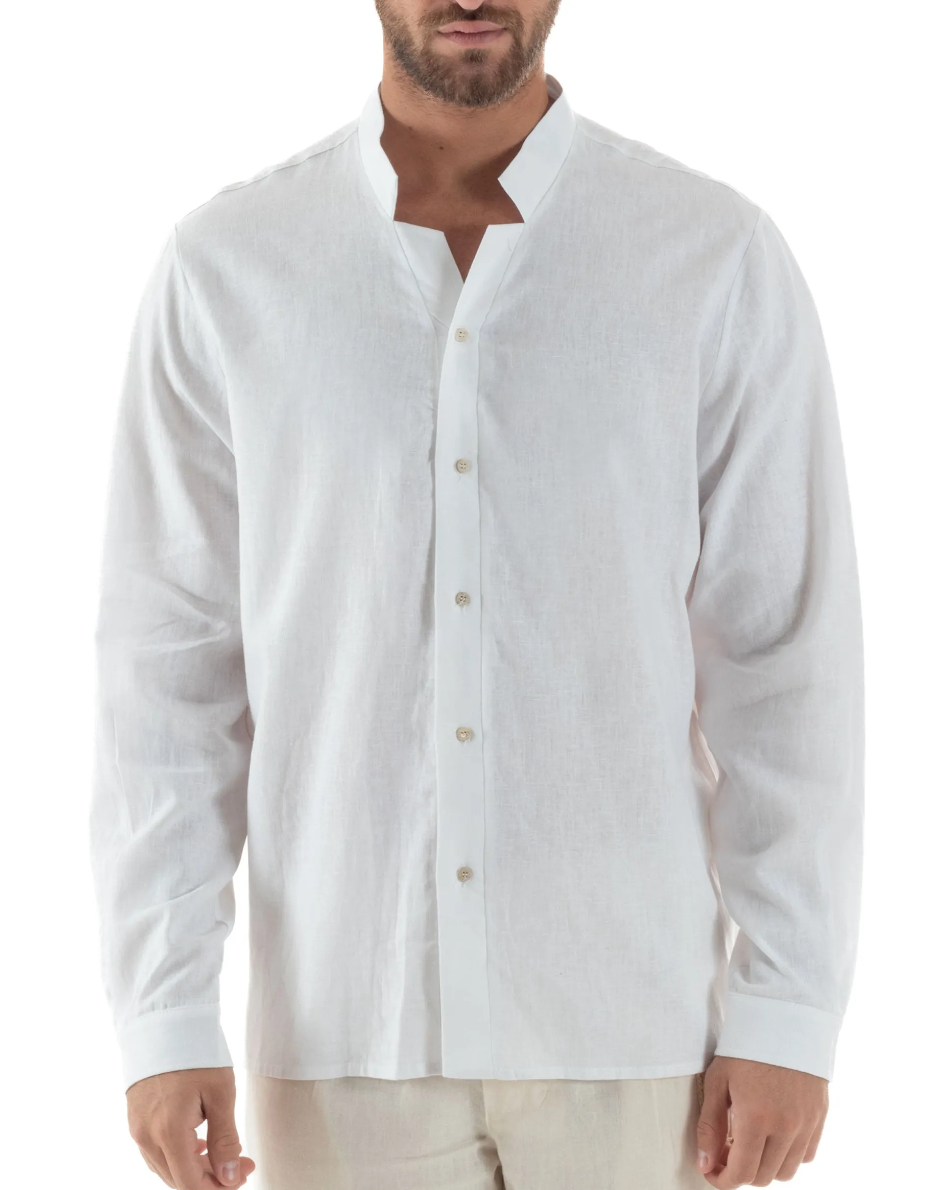 Camicia Uomo In Lino Collo Coreano Scollo V Morbida Leggera Basic Bianco GIOSAL-C2954A