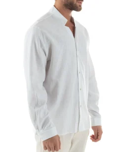 Camicia Uomo In Lino Collo Coreano Scollo V Morbida Leggera Basic Bianco GIOSAL-C2954A
