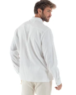Camicia Uomo In Lino Collo Coreano Scollo V Morbida Leggera Basic Bianco GIOSAL-C2954A