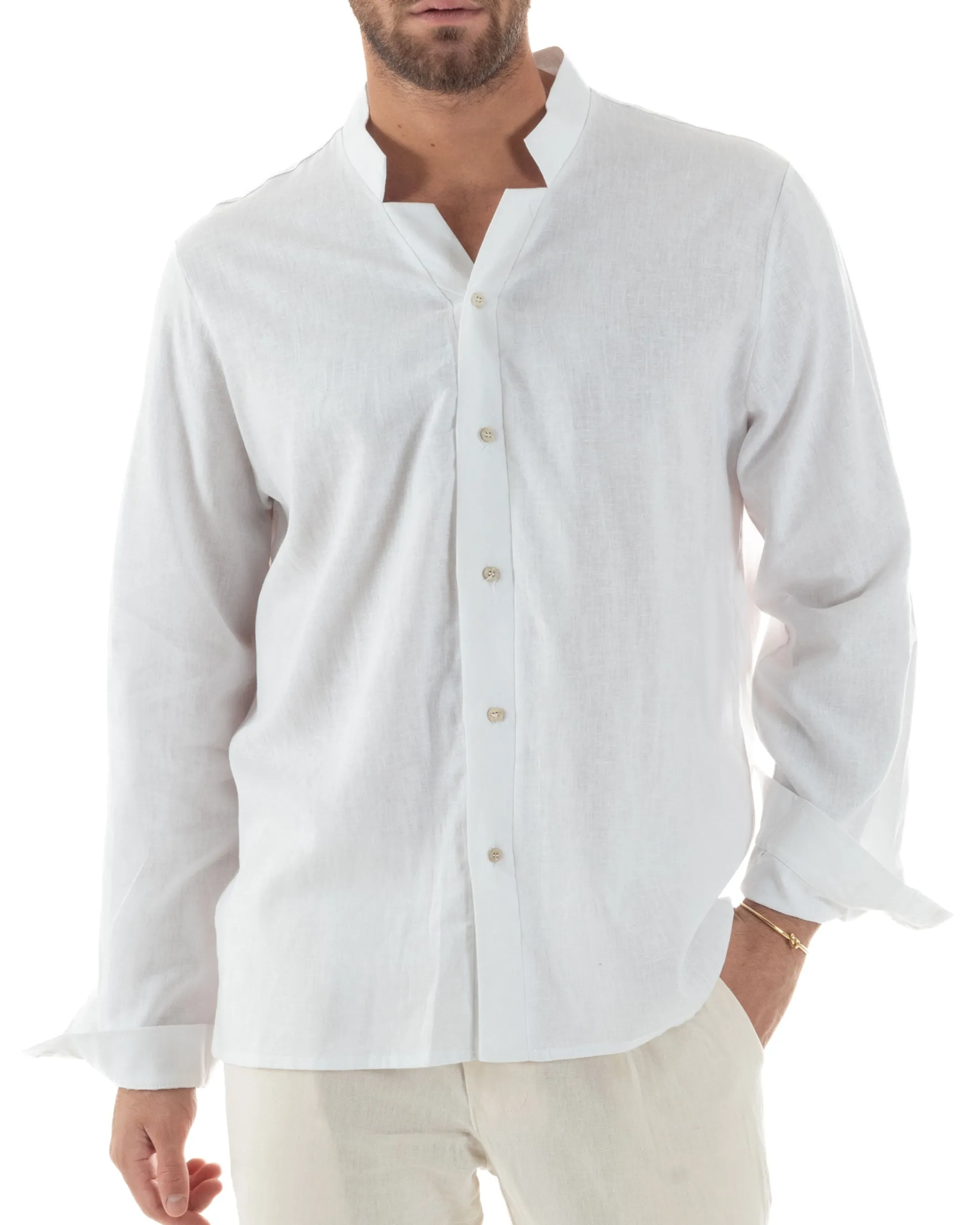 Camicia Uomo In Lino Collo Coreano Scollo V Morbida Leggera Basic Bianco GIOSAL-C2954A