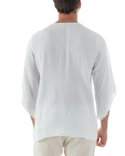 Camicia Uomo In Lino Cotone Casacca Scollata Sfrangiata Morbida Leggera Maniche Tre Quarti Tinta Unita Basic Bianco GIOSAL-C2956A