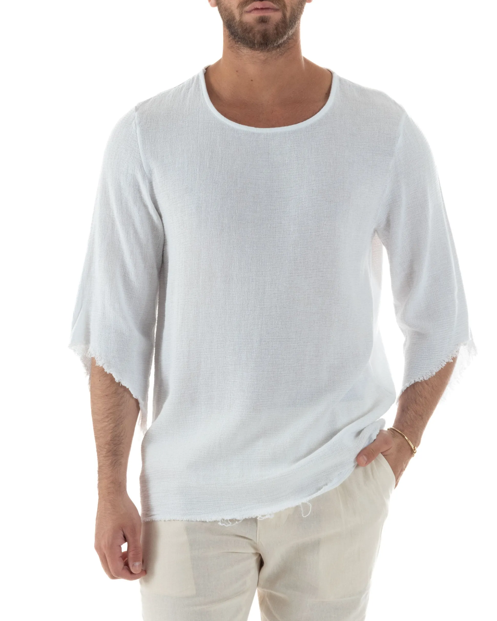 Camicia Uomo In Lino Cotone Casacca Scollata Sfrangiata Morbida Leggera Maniche Tre Quarti Tinta Unita Basic Bianco GIOSAL-C2956A