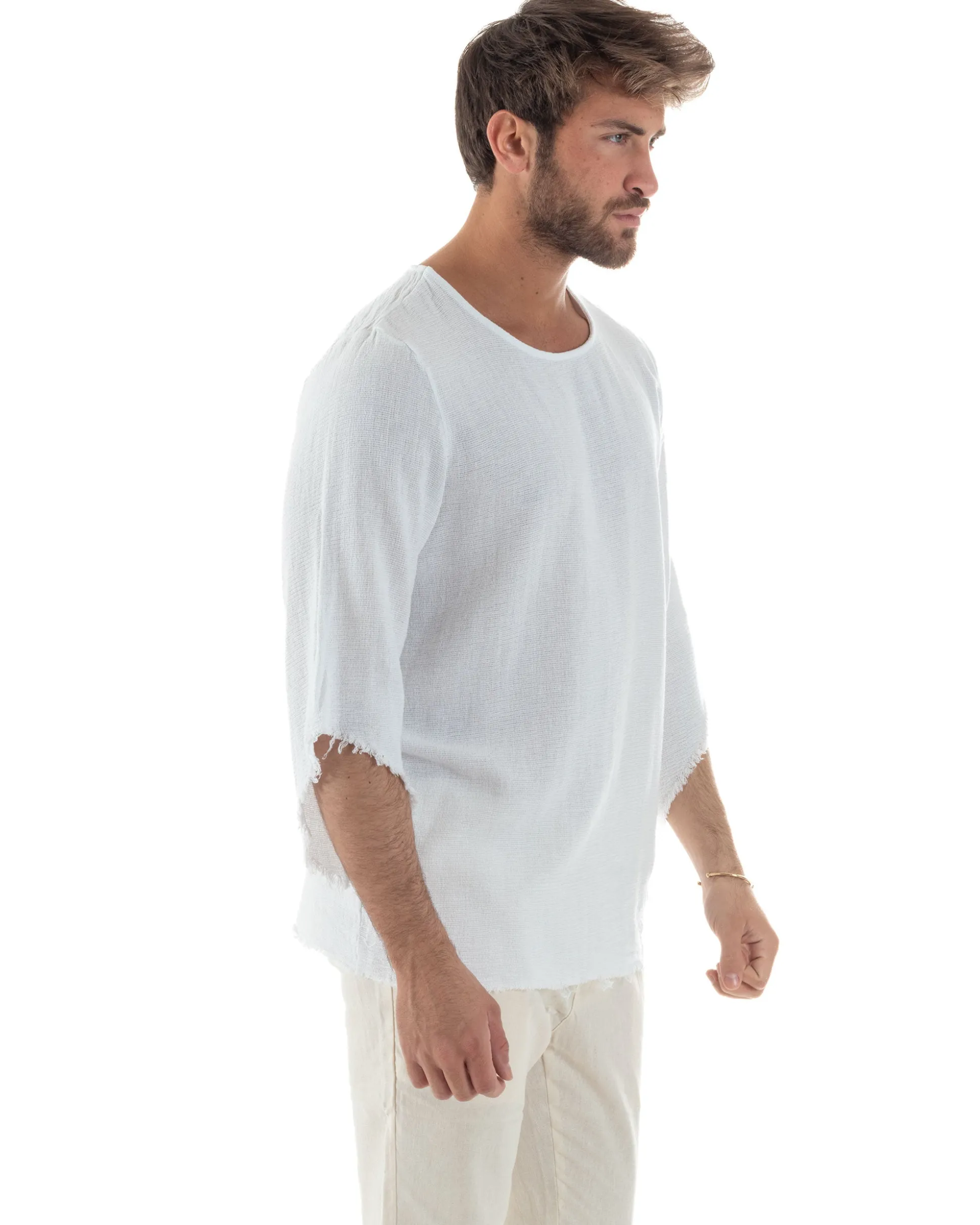 Camicia Uomo In Lino Cotone Casacca Scollata Sfrangiata Morbida Leggera Maniche Tre Quarti Tinta Unita Basic Bianco GIOSAL-C2956A