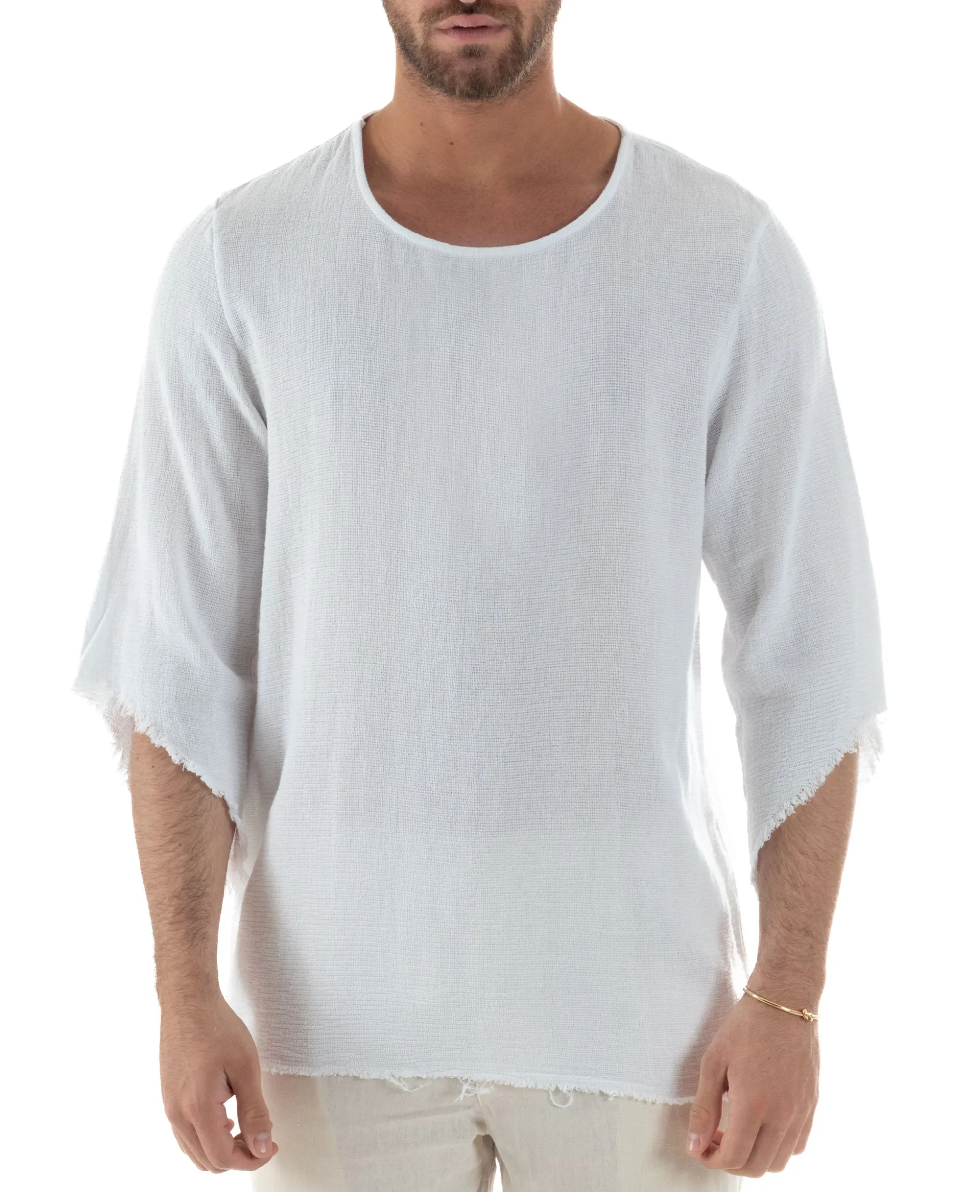 Camicia Uomo In Lino Cotone Casacca Scollata Sfrangiata Morbida Leggera Maniche Tre Quarti Tinta Unita Basic Bianco GIOSAL-C2956A