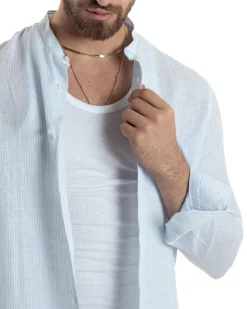 Camicia Uomo Lino Collo Coreano Maniche Lunghe Regular Fit Riga Stretta Celeste GIOSAL-C2862A