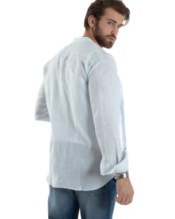 Camicia Uomo Lino Collo Coreano Maniche Lunghe Regular Fit Riga Stretta Celeste GIOSAL-C2862A