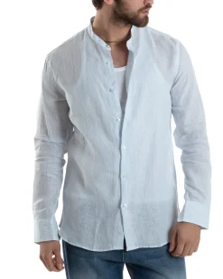 Camicia Uomo Lino Collo Coreano Maniche Lunghe Regular Fit Riga Stretta Celeste GIOSAL-C2862A