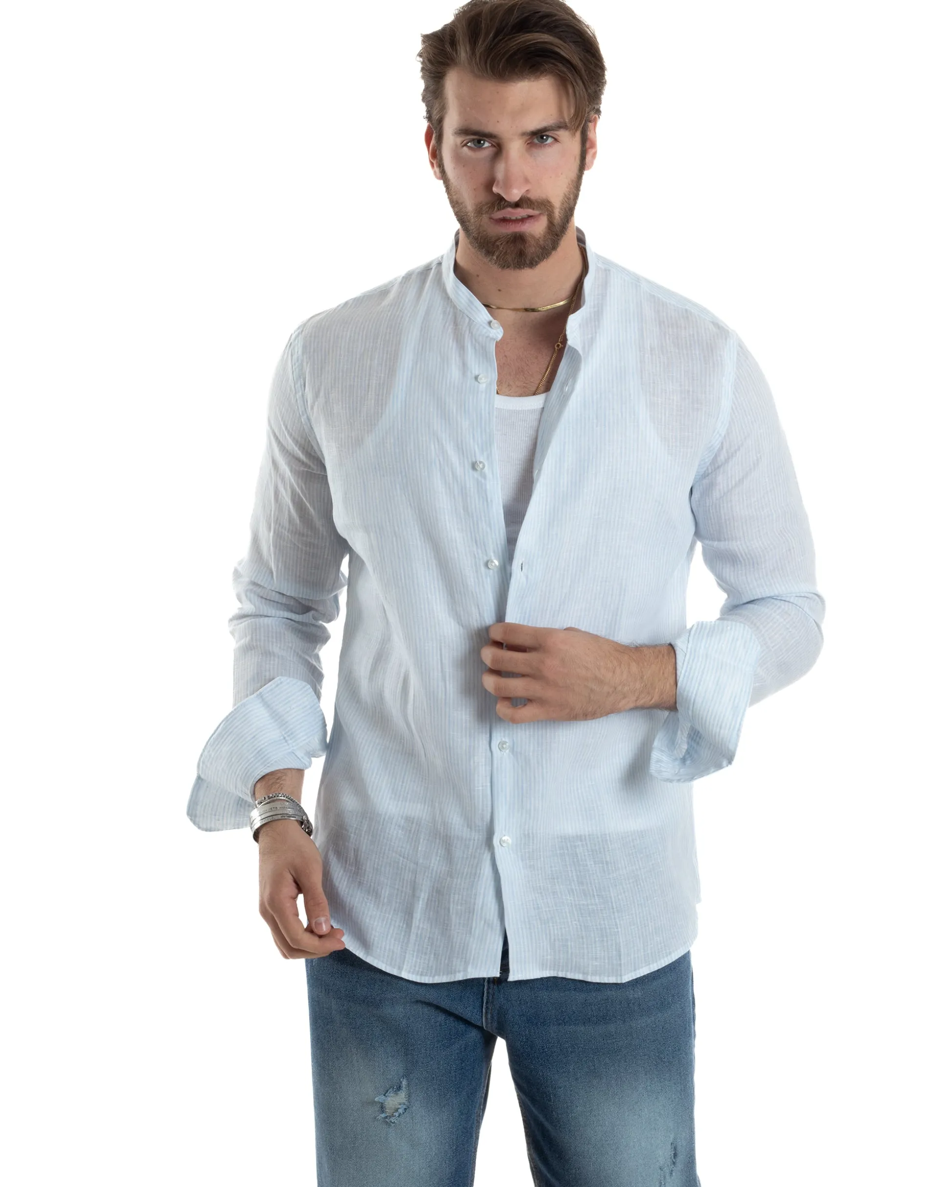Camicia Uomo Lino Collo Coreano Maniche Lunghe Regular Fit Riga Stretta Celeste GIOSAL-C2862A
