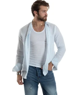 Camicia Uomo Lino Collo Coreano Maniche Lunghe Regular Fit Riga Stretta Celeste GIOSAL-C2862A