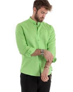 Camicia Uomo Lino Collo Coreano Sartoriale Basic Verde Acido C2671A