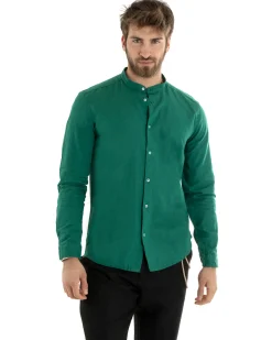Camicia Uomo Lino Collo Coreano Sartoriale Morbida Tinta Unita Verde Petrolio GIOSAL-C2673A