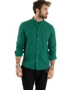 Camicia Uomo Lino Collo Coreano Sartoriale Morbida Tinta Unita Verde Petrolio GIOSAL-C2673A