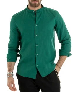 Camicia Uomo Lino Collo Coreano Sartoriale Morbida Tinta Unita Verde Petrolio GIOSAL-C2673A