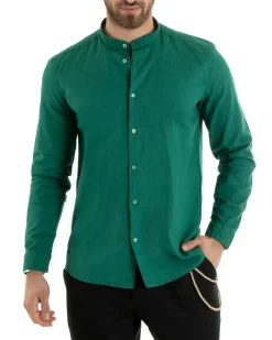 Camicia Uomo Lino Collo Coreano Sartoriale Morbida Tinta Unita Verde Petrolio GIOSAL-C2673A