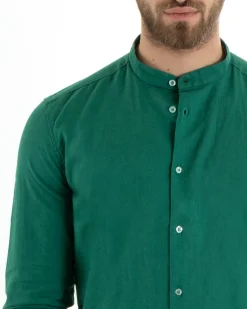 Camicia Uomo Lino Collo Coreano Sartoriale Morbida Tinta Unita Verde Petrolio GIOSAL-C2673A