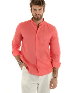Camicia Uomo Lino Collo Coreano Sartoriale Morbida Tinta Unita Corallo GIOSAL-C2677A