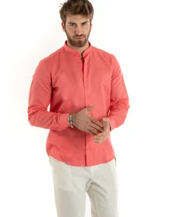 Camicia Uomo Lino Collo Coreano Sartoriale Morbida Tinta Unita Corallo GIOSAL-C2677A