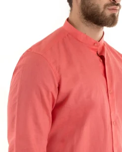 Camicia Uomo Lino Collo Coreano Sartoriale Morbida Tinta Unita Corallo GIOSAL-C2677A