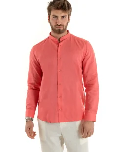 Camicia Uomo Lino Collo Coreano Sartoriale Morbida Tinta Unita Corallo GIOSAL-C2677A