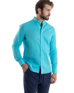 Camicia Uomo Lino Collo Coreano Sartoriale Morbida Tinta Unita Turchese GIOSAL-C2678A