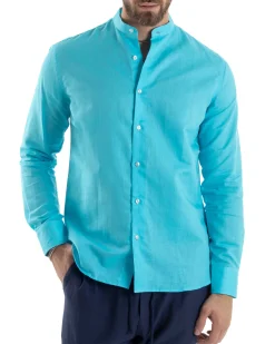 Camicia Uomo Lino Collo Coreano Sartoriale Morbida Tinta Unita Turchese GIOSAL-C2678A