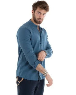 Camicia Uomo Lino Collo Coreano Sartoriale Morbida Tinta Unita Avio GIOSAL-C2668A