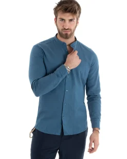 Camicia Uomo Lino Collo Coreano Sartoriale Morbida Tinta Unita Avio GIOSAL-C2668A