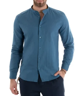 Camicia Uomo Lino Collo Coreano Sartoriale Morbida Tinta Unita Avio GIOSAL-C2668A