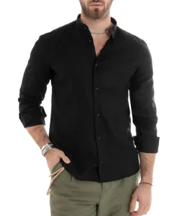 Camicia Uomo Lino Collo Coreano Sartoriale Basic Nero C2667A