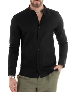 Camicia Uomo Lino Collo Coreano Sartoriale Basic Nero C2667A
