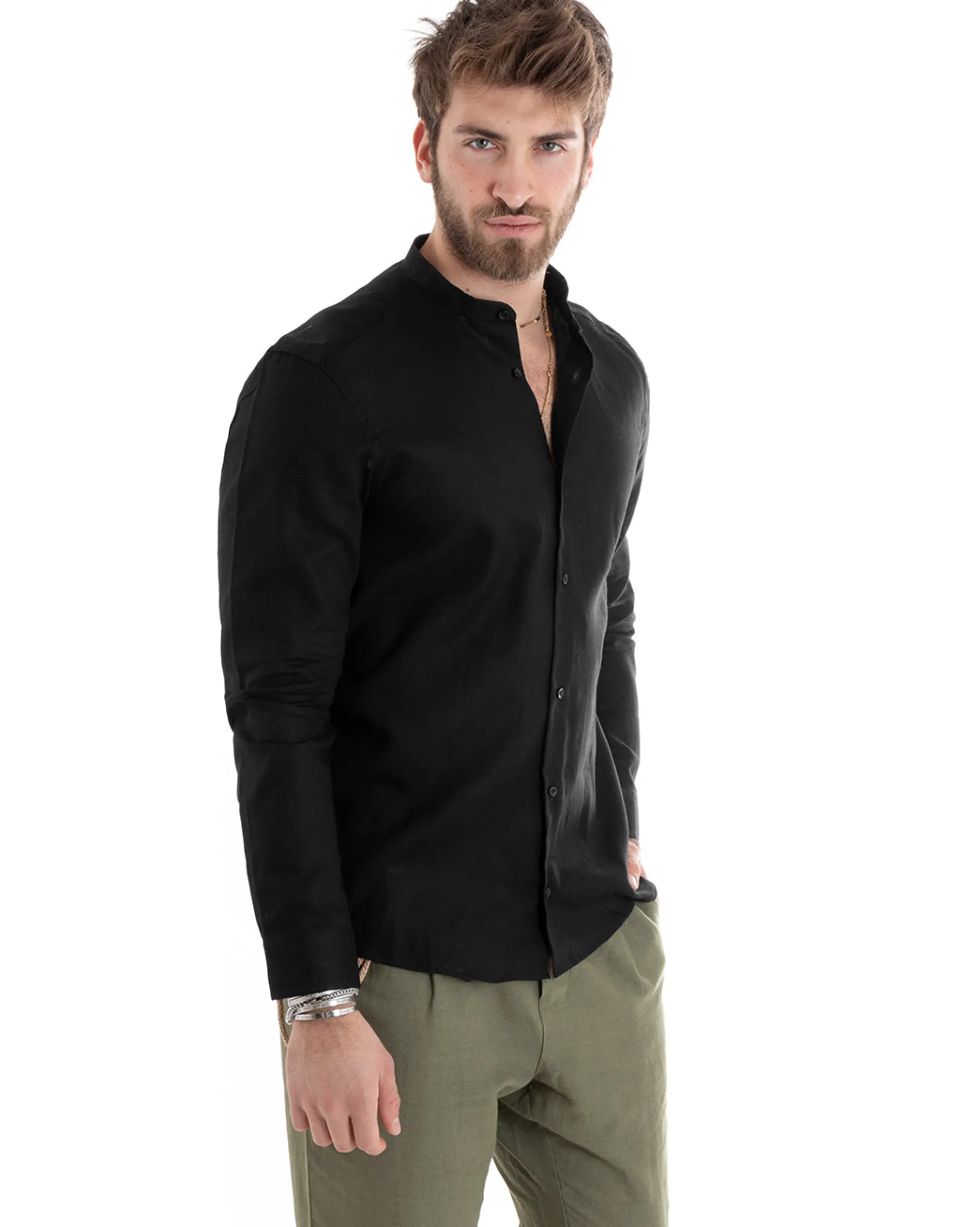 Camicia Uomo Lino Collo Coreano Sartoriale Basic Nero C2667A