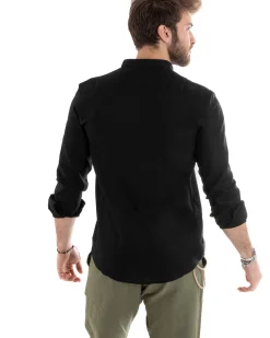 Camicia Uomo Lino Collo Coreano Sartoriale Basic Nero C2667A