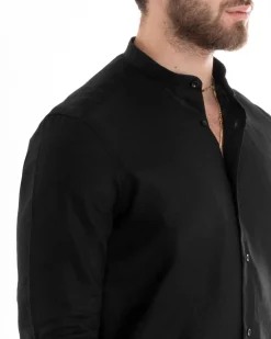 Camicia Uomo Lino Collo Coreano Sartoriale Basic Nero C2667A