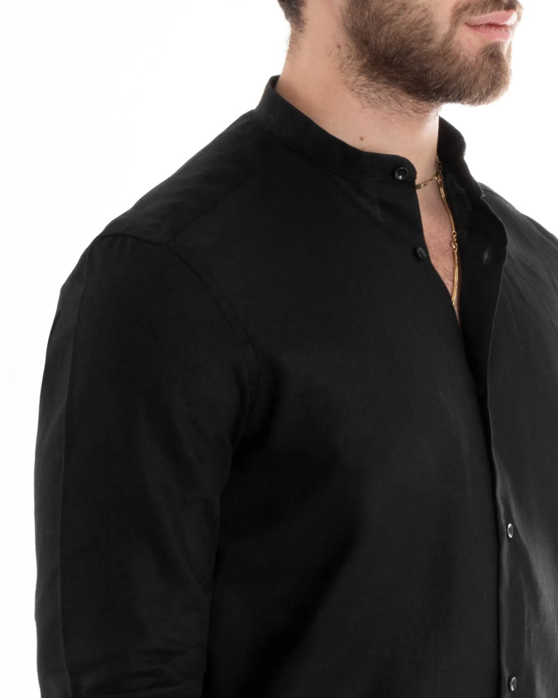 Camicia Uomo Lino Collo Coreano Sartoriale Basic Nero C2667A