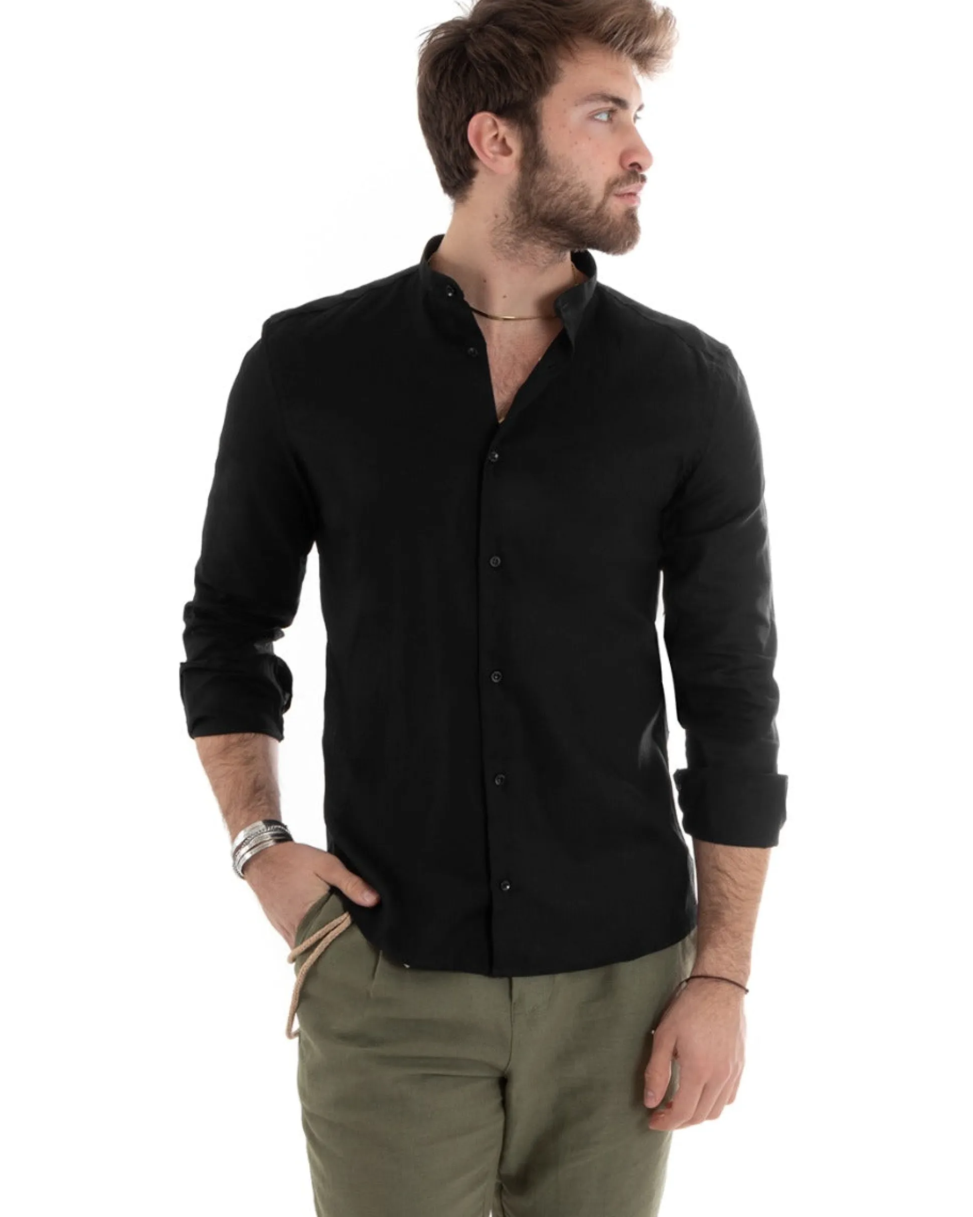 Camicia Uomo Lino Collo Coreano Sartoriale Basic Nero C2667A