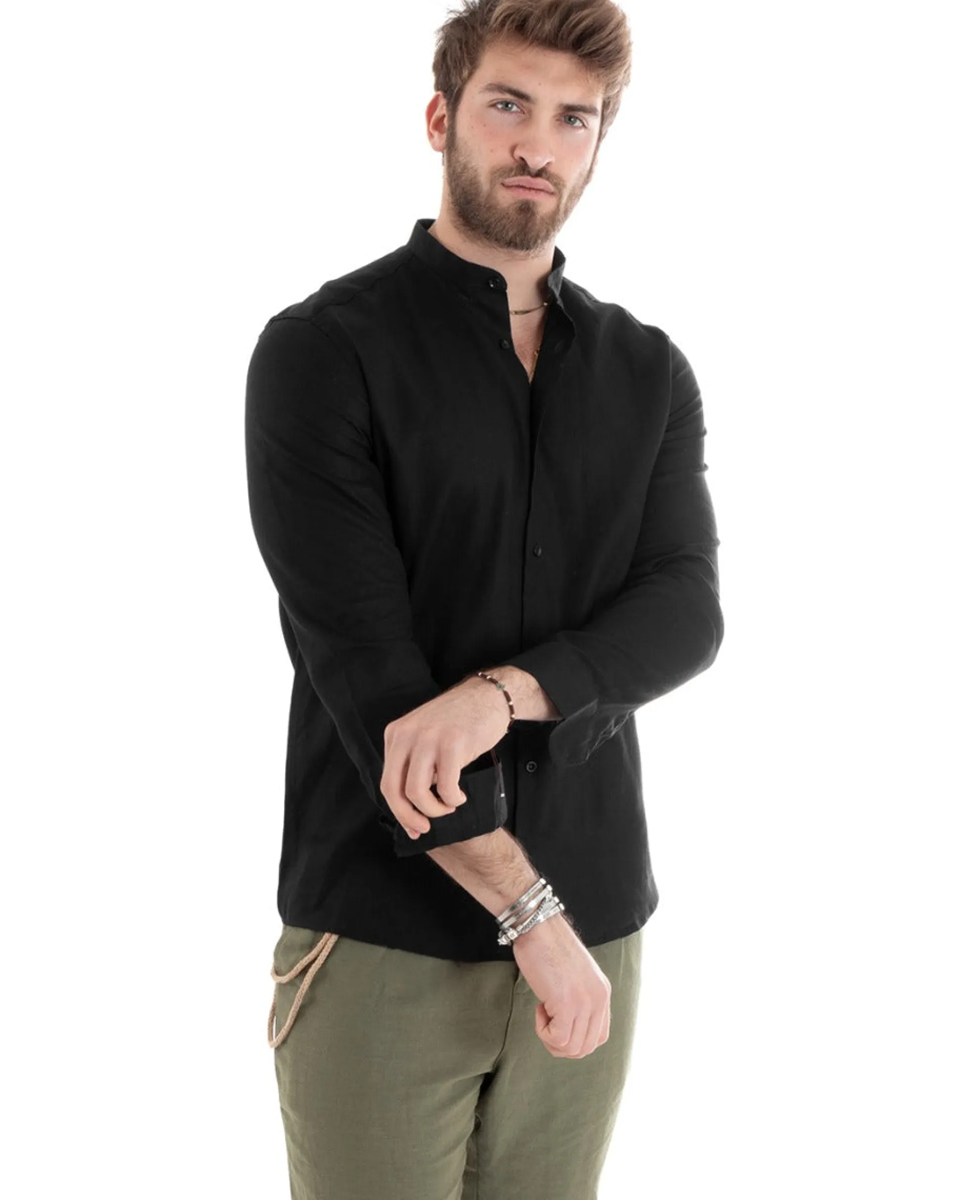 Camicia Uomo Lino Collo Coreano Sartoriale Basic Nero C2667A
