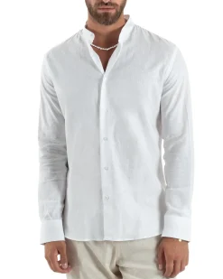 Camicia Uomo Lino Collo Coreano Sartoriale Basic Bianco C3002A