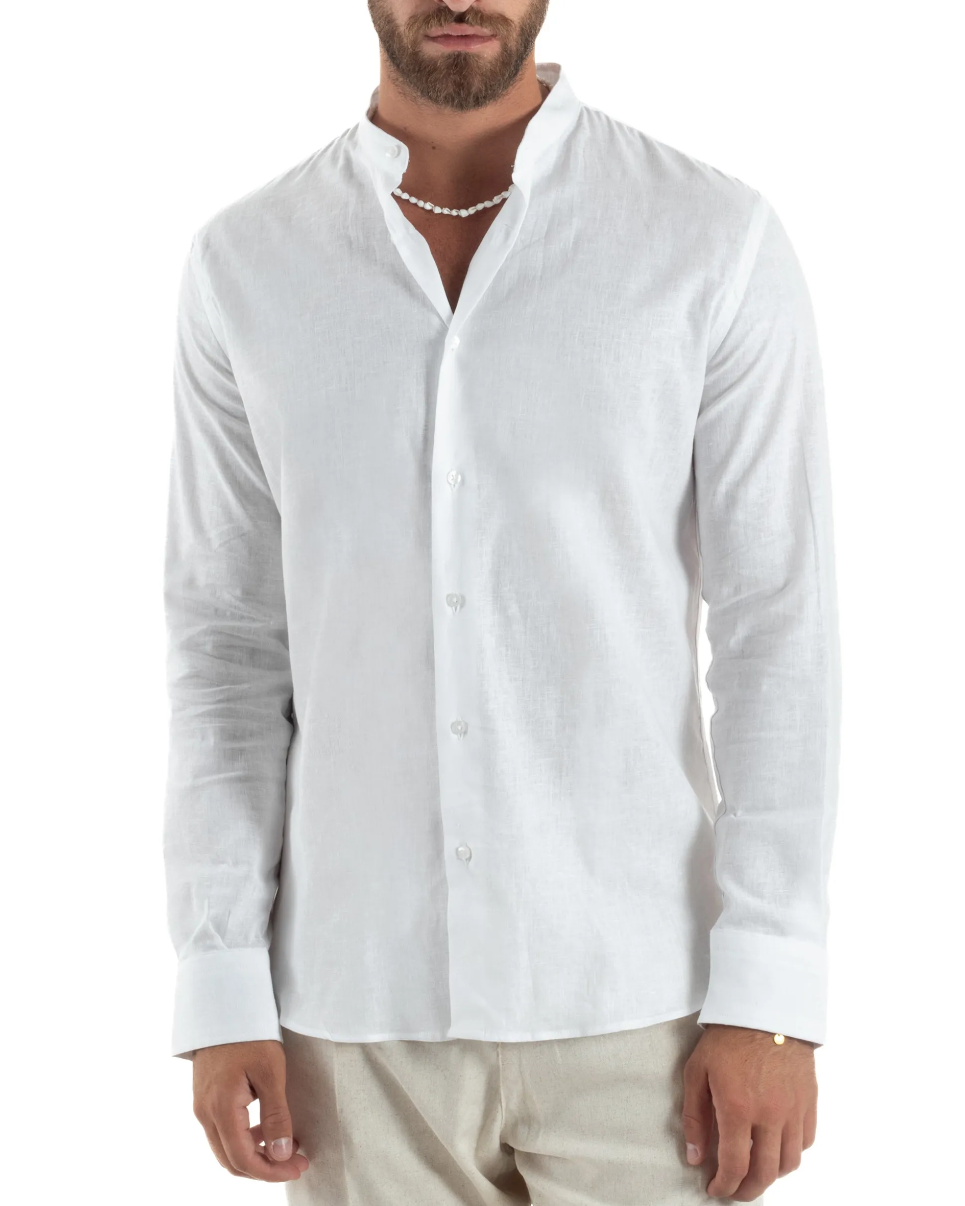 Camicia Uomo Lino Collo Coreano Sartoriale Basic Bianco C3002A