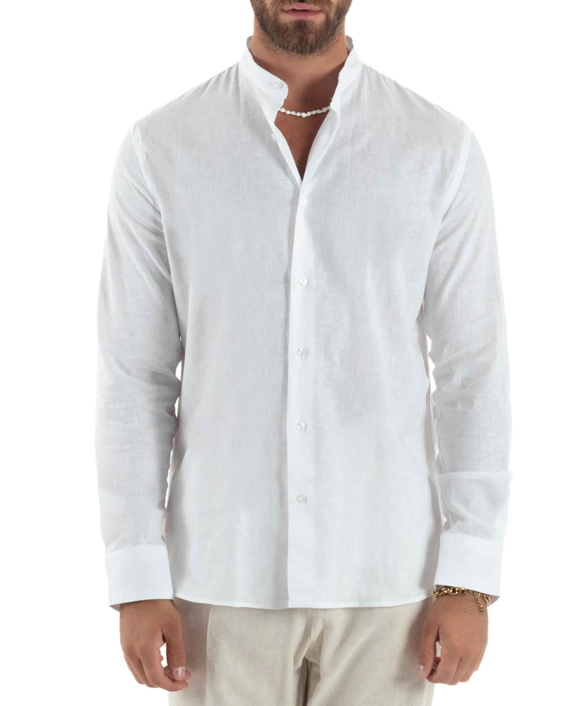 Camicia Uomo Lino Collo Coreano Sartoriale Basic Bianco C3002A