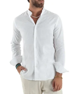 Camicia Uomo Lino Collo Coreano Sartoriale Basic Bianco C3002A
