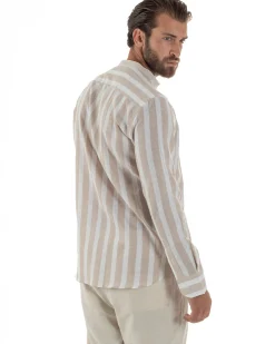 Camicia Uomo Lino Collo Coreano Riga Larga Beige C3018A