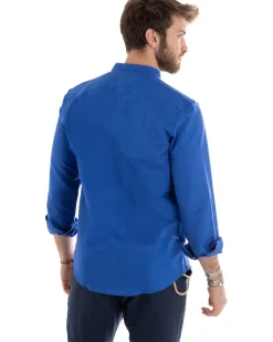 Camicia Uomo Lino Collo Coreano Sartoriale Basic Blu Royal C2669A