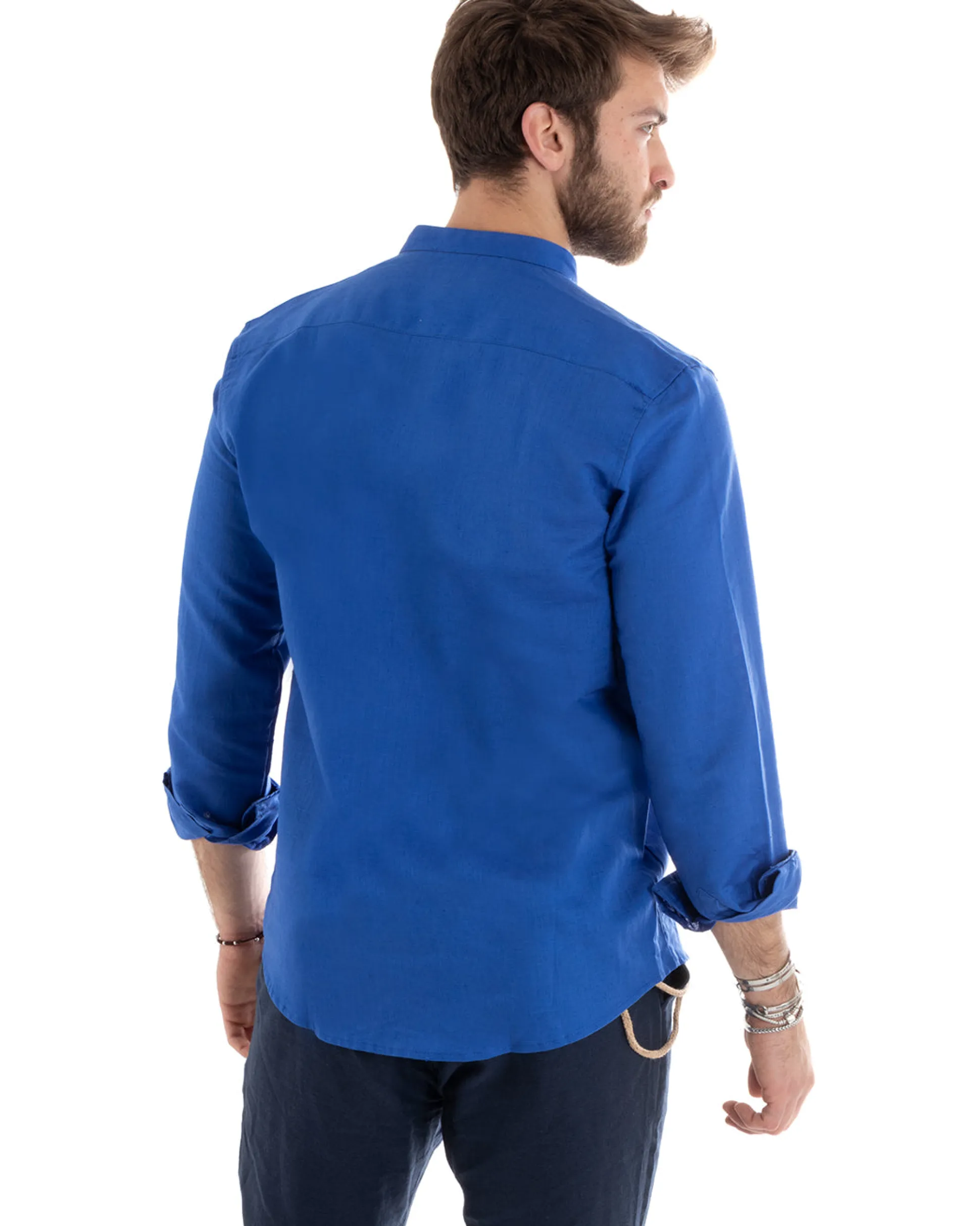Camicia Uomo Lino Collo Coreano Sartoriale Basic Blu Royal C2669A